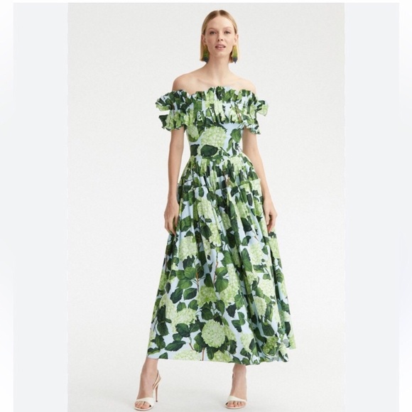 ❤️ SUNFERE ❤️ GORGEOUS FLORAL RUFFLES WITH Off SHOULDER GREEN MAXI DRESS . - Picture 1 of 4